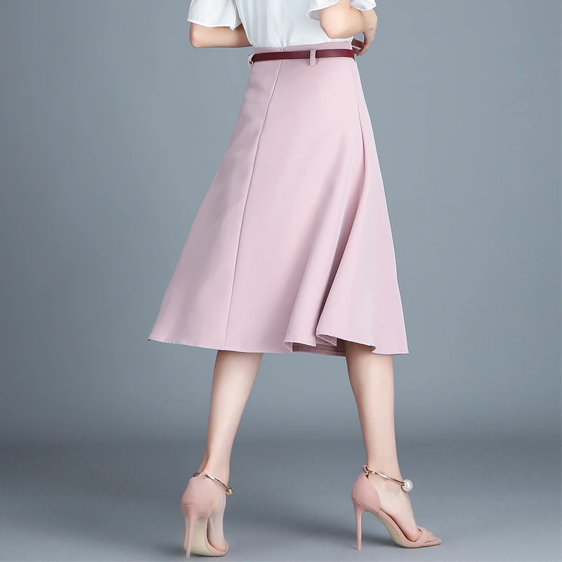 Elegant Kontor Nederdele Dame Sort Pink Kaki Abrikos Damer Midi-Nederdel Med Bælte Foring Jupe Femme Højtaljede A-linje Saias 1