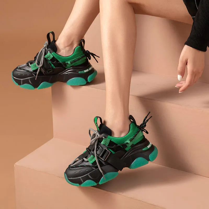 BeauToday Chunky Sneakers Kvinder Mesh Split Læder Blandet Farve Platform Lace-Up Undervisere Ladies Casual Sko Håndlavet 29384 1