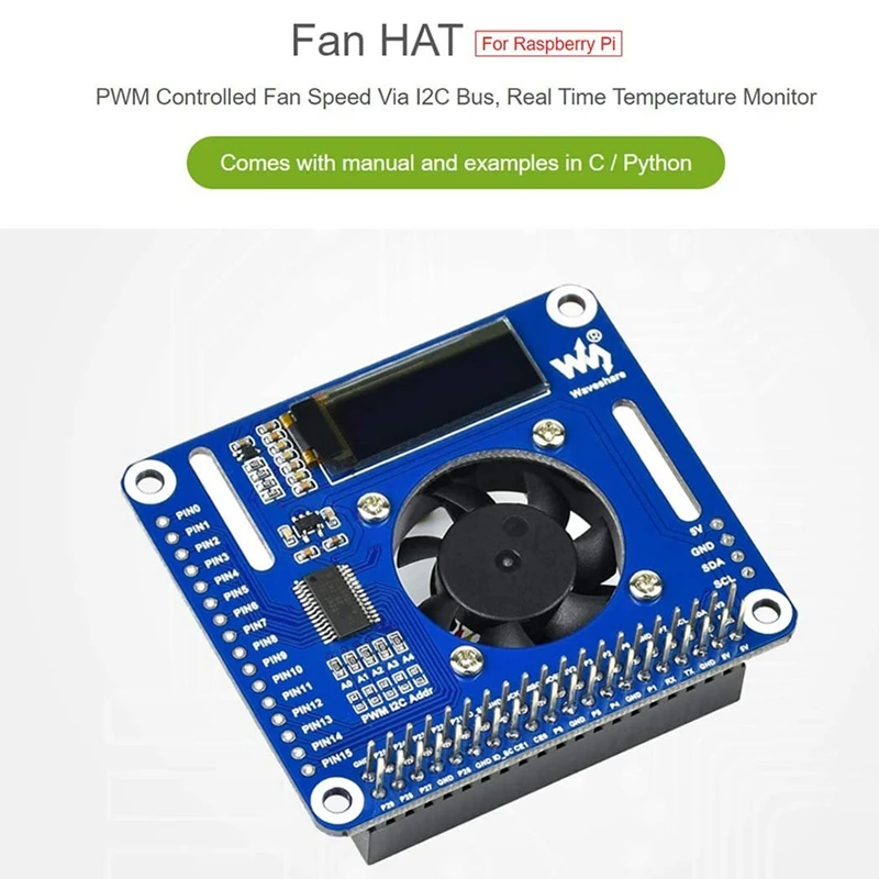 Waveshare PWM-Kontrolleret Fan HAT til Raspberry Pi med I2C Bus PCA9685 Driver Temperatur Overvågning 1