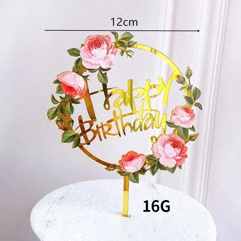 10 pc-Farvet Blomster Happy Birthday Cake Topper Golden Akryl bryllupsfest Dessert Dekoration til Baby brusebad Bagning Leverancer 1