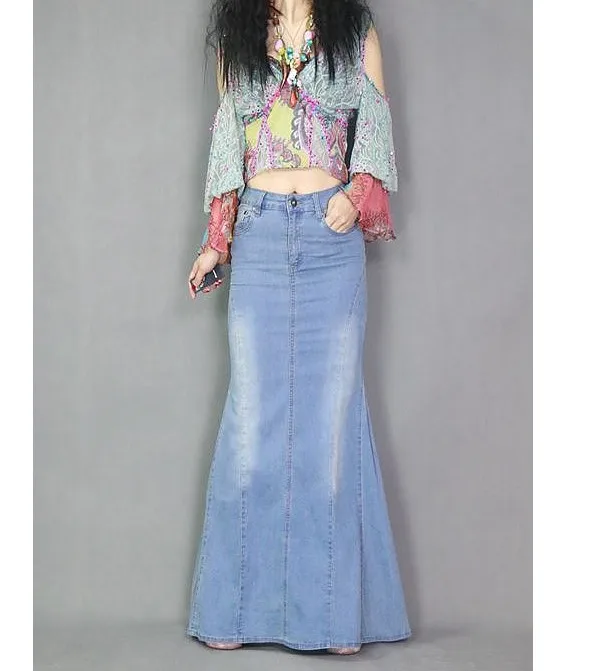 Fashion forår, efterår kvinder er Cool fish tail casual nederdele med høj talje lange maxi nederdele kvindelige blå denim jeans nederdel, lange nederdele 1