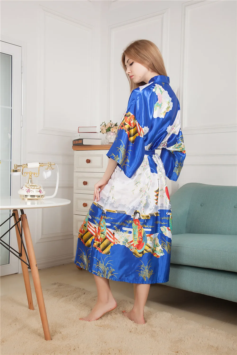 Nyhed Trykt Lang Stil Kvinders Kimono Kjole Vintage Trykt Natkjole Morgenkåbe Satin Nattøj Slåbrok One Size M05 1