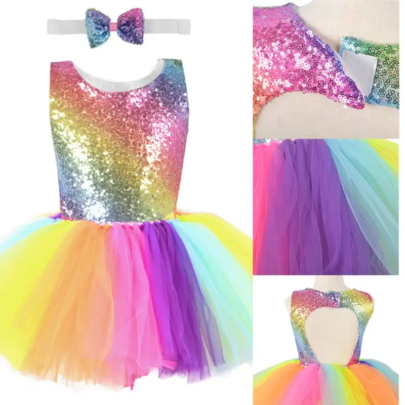 Børn Dans Prinsesse Kostume Til Cosplay Rainbow Palliet-Belagt Mesh Farverige Tutu Kjole Maskerade Part Rolle Spiller Kids Tøj 1