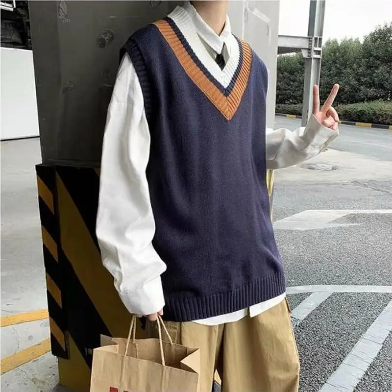 Mænd Sweater Vest Med V-Hals Udskrive Enkle Design Hanner Fritid Smarte Løs Trendy Studerende Street Outwear Koreansk Stil Strikket Mode 1