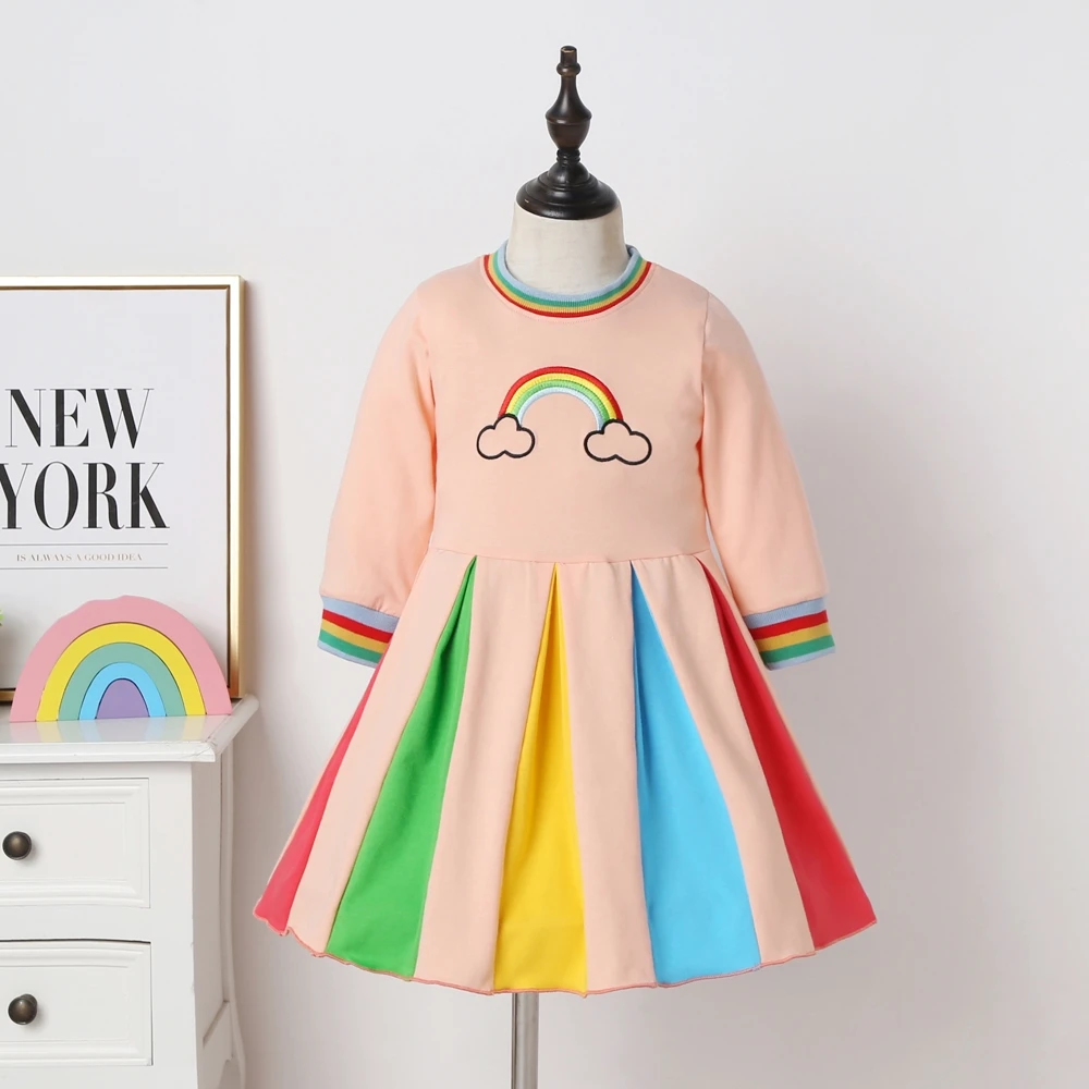 Nye Baby Pige Bomuld Mode Fall Winter Rainbow Lange Ærmer Farve Blok Farverige Party Kjoler til Børn Prinsesse Kids Kjole 1