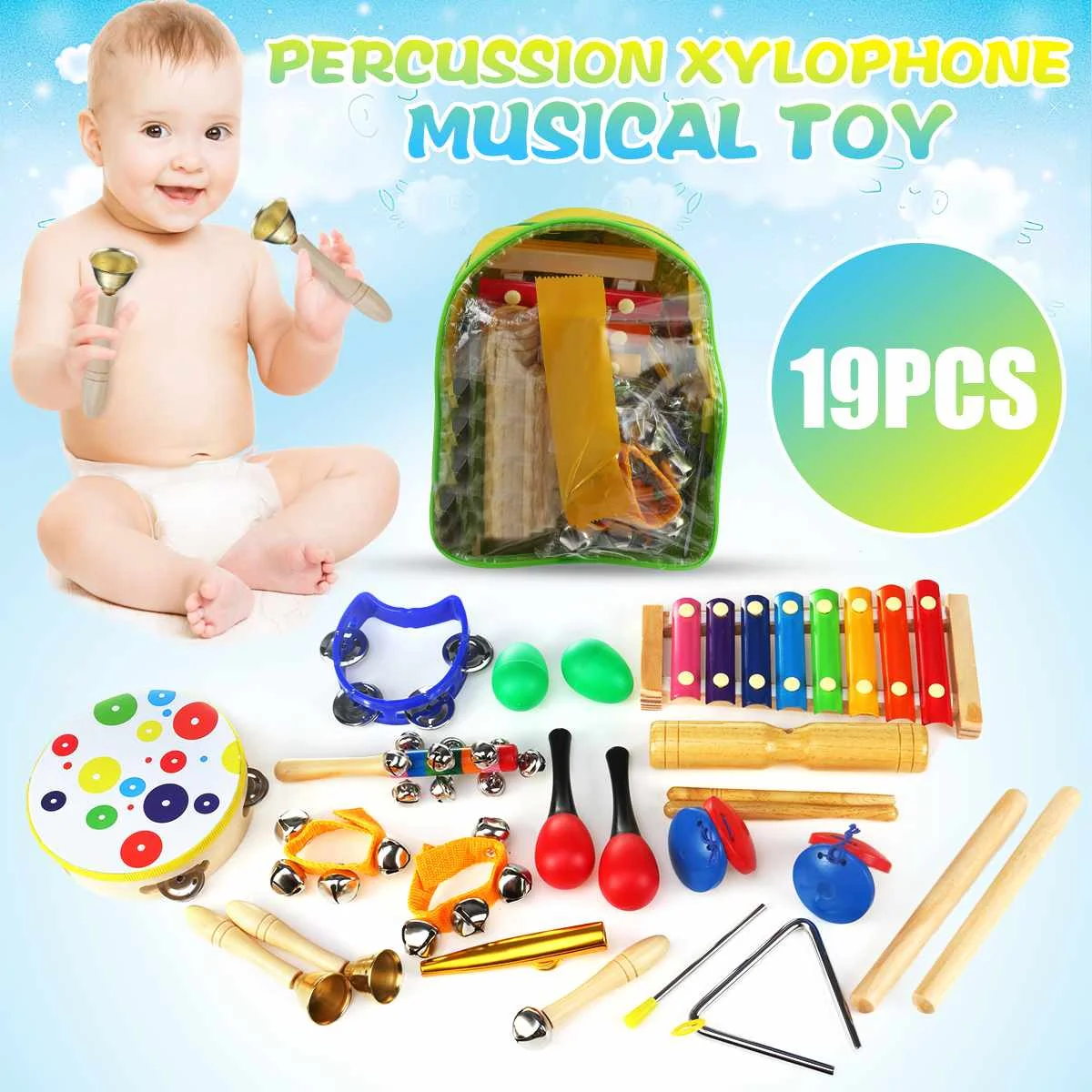 Børn, musikinstrumenter, Legetøj 10/19Pcs Træ Percussion-Xylofon Toy Sæt Til Drenge Og Piger i Børnehaveklasse Uddannelse Med opbevaringspose 1