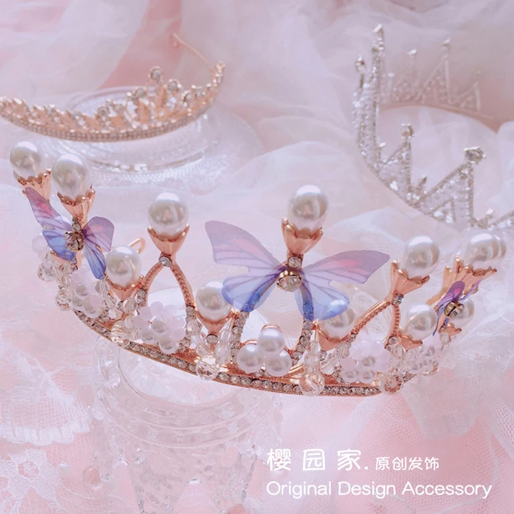 Søde prinsesse Krone Hovedklæde Europæisk stil Retro pearl butterfly Sløjfe Hår crown pige Hår tilbehør Sød pige vind 1