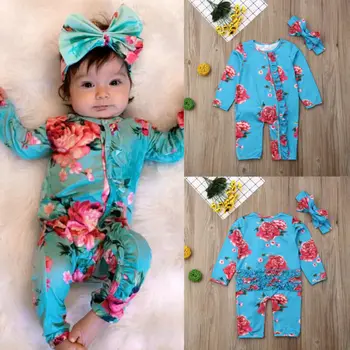 2stk Nyfødte Baby Pige Tøj med Lange Ærmer Blomster Romper Buksedragt Efterår Outfit 0