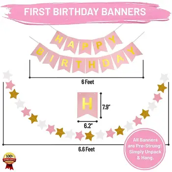 39pcs Pink Balloner, Konfetti Med Fødselsdag Banner For Første Fødselsdag Dekoration 1