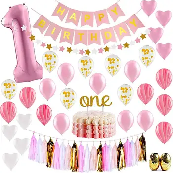 39pcs Pink Balloner, Konfetti Med Fødselsdag Banner For Første Fødselsdag Dekoration 2