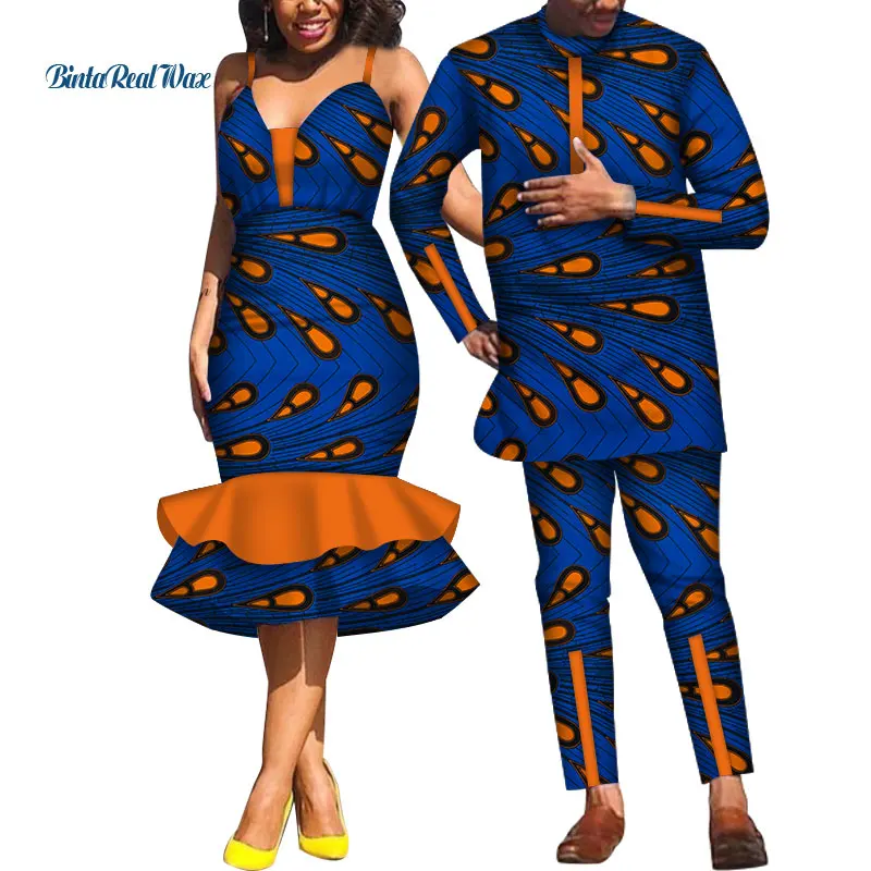 Afrikanske Kjoler til Kvinder Bazin Herre Skjorte og Bukser Sæt Elsker Par Tøj Print Slynge Kjole Afrikansk Design Tøj WYQ532 2