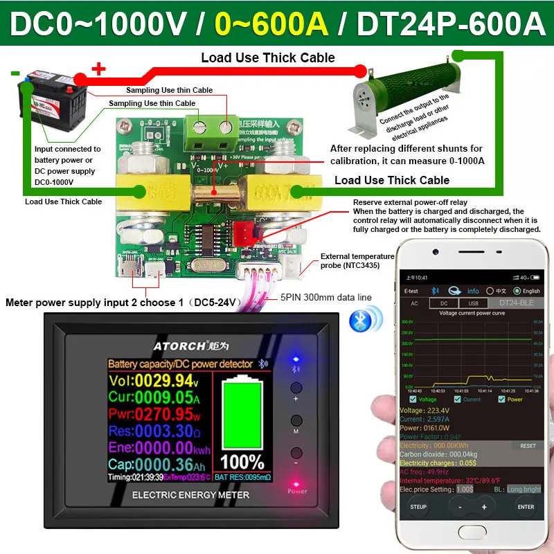 DT24P 1000V/600A IPS digital display DC-Voltmeter Amperemeter Batteri Kapacitet Tester spænding Måle detektor Meter For App 2