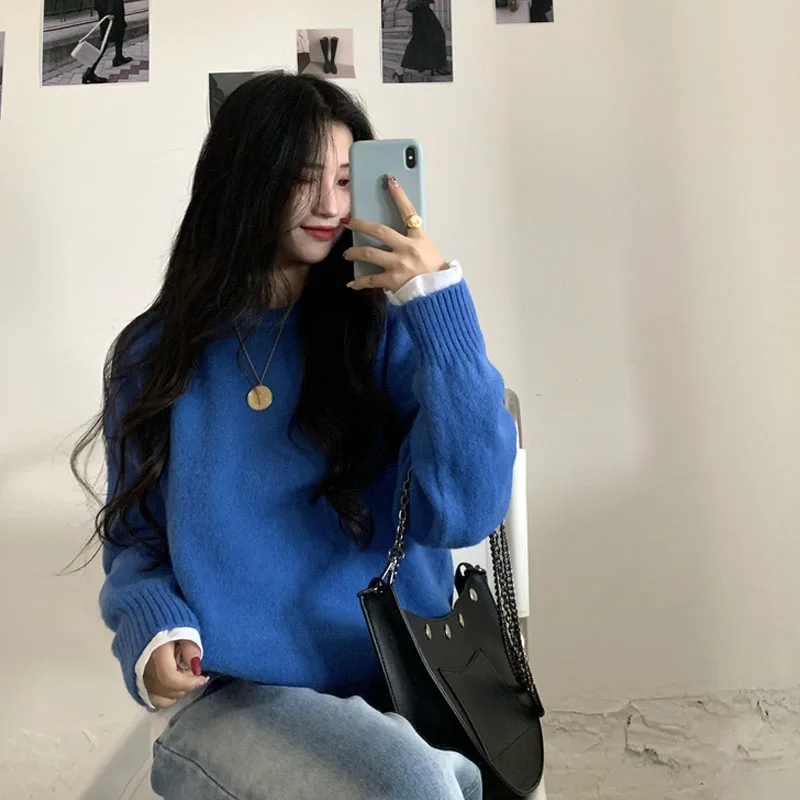 2020 Efteråret Trække Koreanske Retro Femme Vinter Tøj Søde Trøjer Solid Basic Pullover Kvinder Sweater Casual Løs Strikket Jumper 2