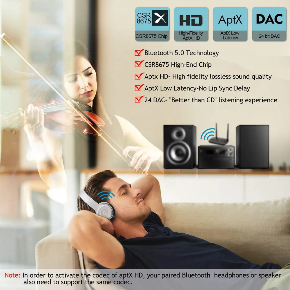 NFC 80m Bluetooth-5,0 Lyd Transmitter Receiver Bypass aptX LL HD Trådløse Adapter SPDIF-AUX-3,5 mm For PC TV 2 Par Hovedtelefoner 2