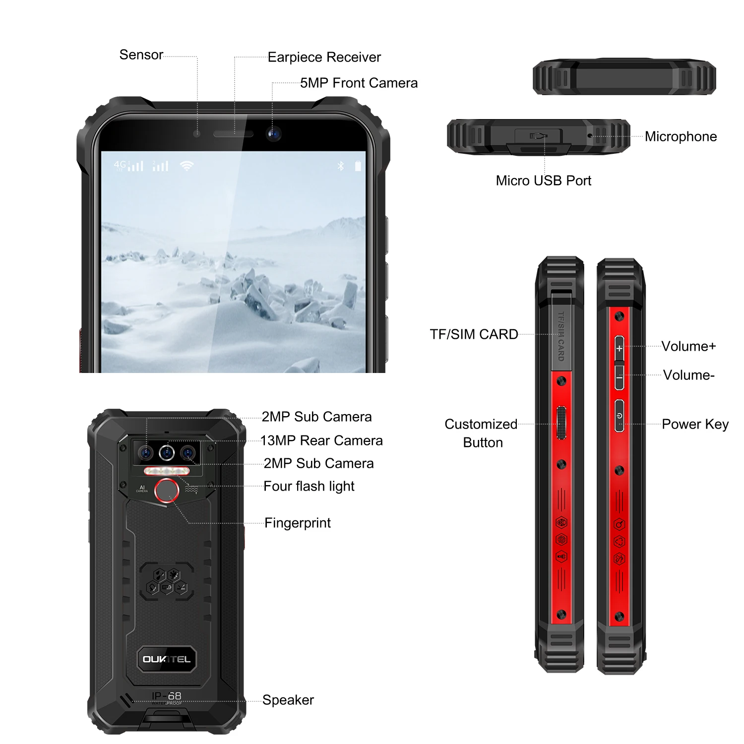 OUKITEL WP5 5.5 Tommer 4G Robust Smartphone IP68 Vandtæt MT6761 Quad Core Mobiltelefon 4GB-32GB 8000mAh Mobiltelefon Triple Kamera 2