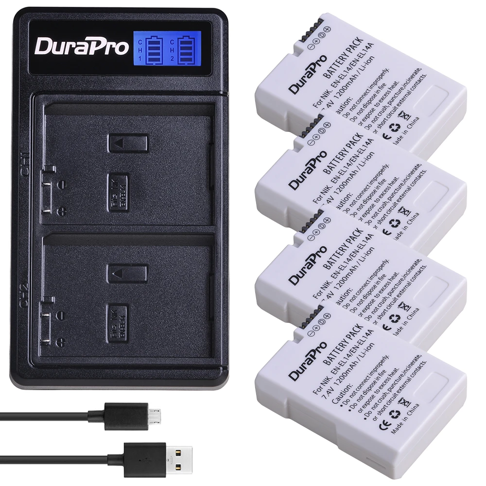 DuraPro DA-EL14a EN-EL14 EL14-Batteri + LCD-USB-Oplader til Nikon D5600,D5500,D5300,D5200,D5100,D3200,D3300,P7800,P7700,P7100 2