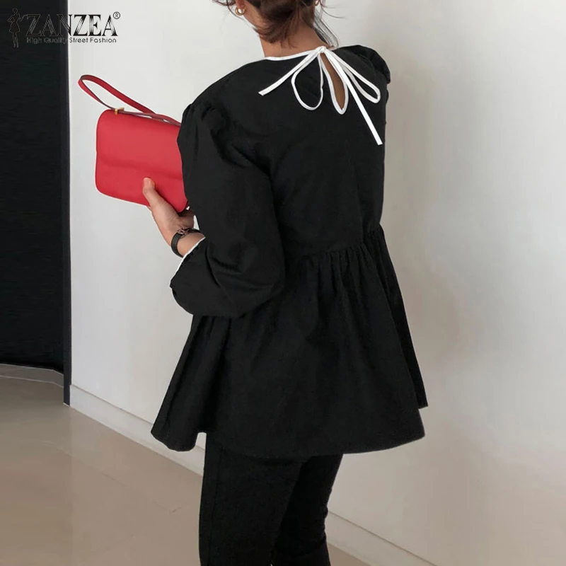 Kvinder Mode Flæse Bluse ZANZEA Foråret Bue Snor Top Elegante Kontor Dame Blusa Kvindelige snøre Puff Ærmer Shirt i Overstørrelse 2