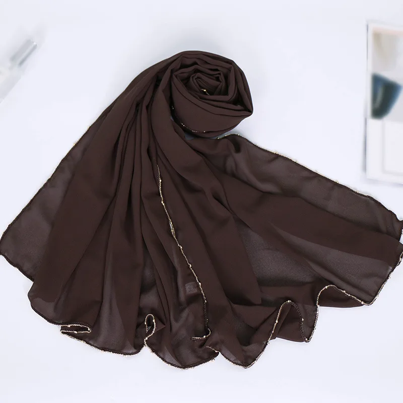 1 Stk Almindeligt Guld Perler Kæde Boble Chiffon Instant Hijab Eller Tørklæde Damer Wrap Sjaler Muslimske Hovedbøjle Mode Maxi Islamiske Sjaal 2