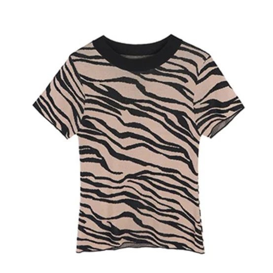 Strikket T-Shirt Kvinder Sommeren 2020 Koreansk Stil Vintage Zebra Stribet Bodycon O-Hals Kortærmet Tshirt Toppe, Strik Khaki T490 2