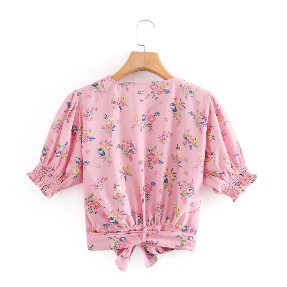 Ny 2020-kvinder v hals blomster print afslappet slank lyserød bluse kvindelige puff ærmer forneden sløjfe bundet kimono shirts smarte blusas toppe LS6634 2