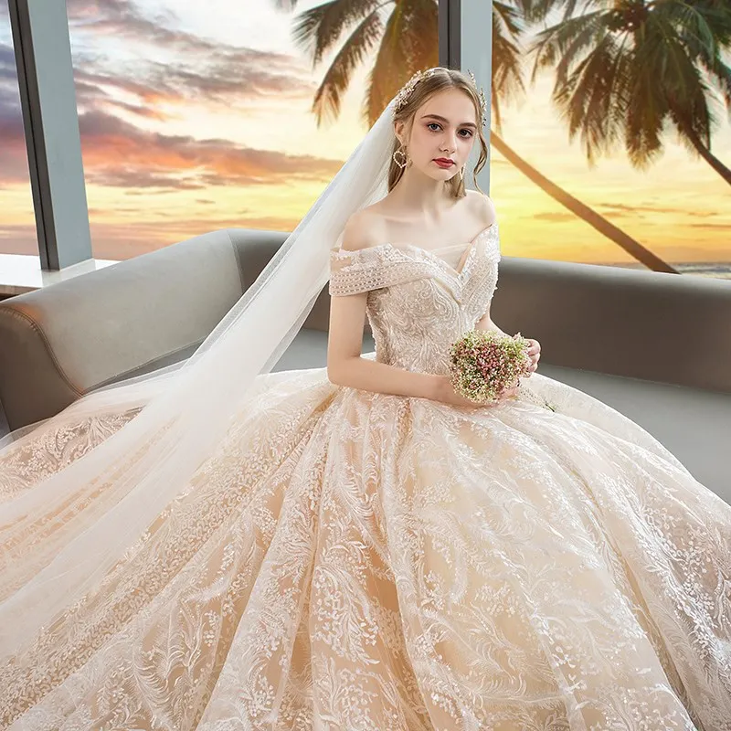 2021 Nye Elegante Båd Hals Luksus Lace Broderi Sweep Train Wedding Dress Prinsesse Ædle Vestido De Noiva Plus Size F 2