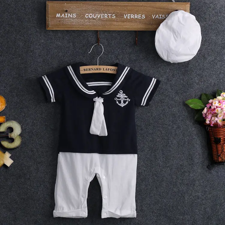 Bomuld Kortærmet Matros Krave Rompers+Hat Udstyr, Tøj Sæt Barn Nyfødt Baby Drenge Navy Style Patchwork Romper Playsuit 2