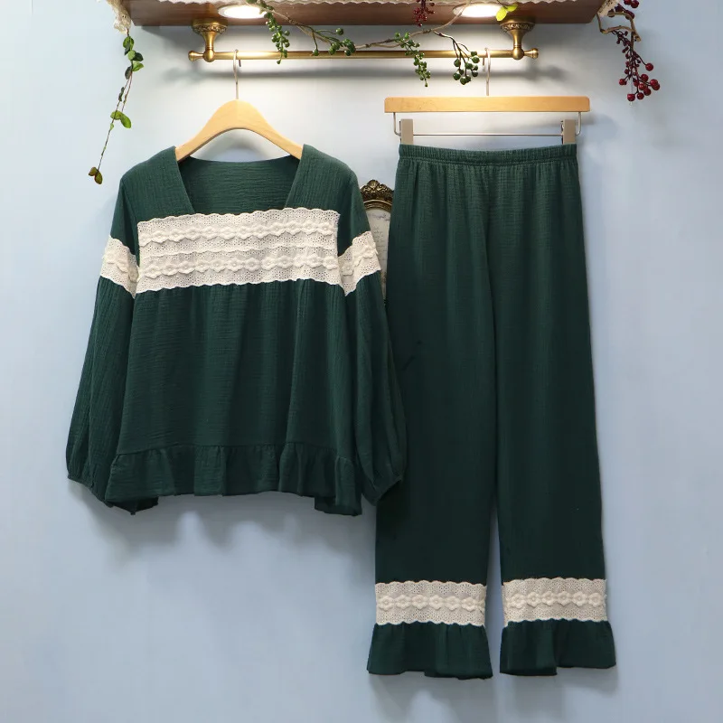 Japansk Stil Pyjamas Sæt Kvindelige Fritid Behagelig Pure Cotton Nat Bære Passer Vintage Elegante Blonder Blomster Aften Kjole, Der Passer 2