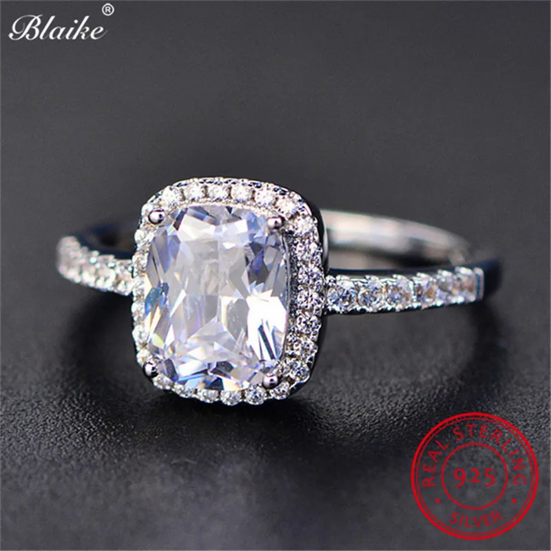 S925 Sterling Sølv Ringe For Kvinder Bryllup Bands Square Crystal Sten Løfte Engagement Ring Hvid Blå Safir Ring Smykker 2