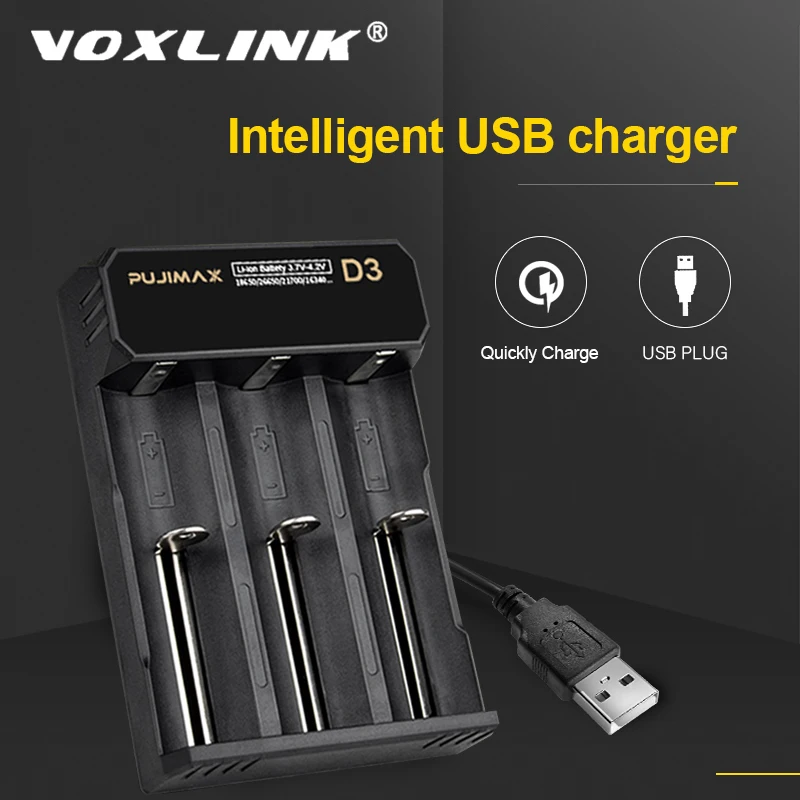 VOXLINK 18650 batteri oplader 3slots USB-kabel, hurtig opladning 26650 21700 14500 26500 22650 Li-ion Genopladeligt Batteri-oplader 2