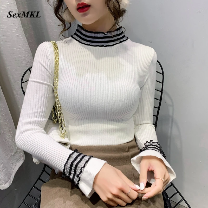 Kvinder Elegante Vinter Trøjer 2020 Mode Langærmet Rullekrave Casual Pullovere Koreansk Tøj Strikket Hvide Damer Toppe 2