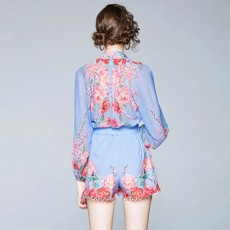 2020 Efterår Mode Elegant Blomster Print langærmet Skjorte + Høj Talje Lace-up Bred Ben Shorts To-delt Sæt Leisure Suit Kvinder 2
