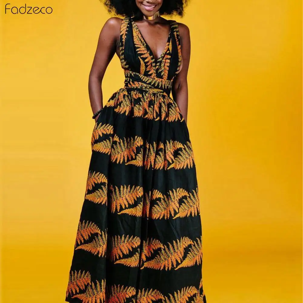 Fadzeco Nye Afrikanske Kjoler Til Kvinder Ankara Dashiki Udstyr African Flower Print Buksedragt Hem Maxi Kjole Foran Spalten Ærmeløs 2