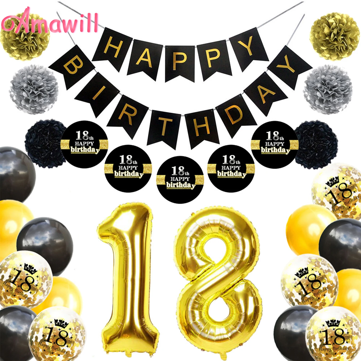 Amawill Fejre 18 Party Dekorationer Til Sort Happy Birthday Banner-Guld Nummer 18 Folie Latex Balloner, Konfetti Globos 2