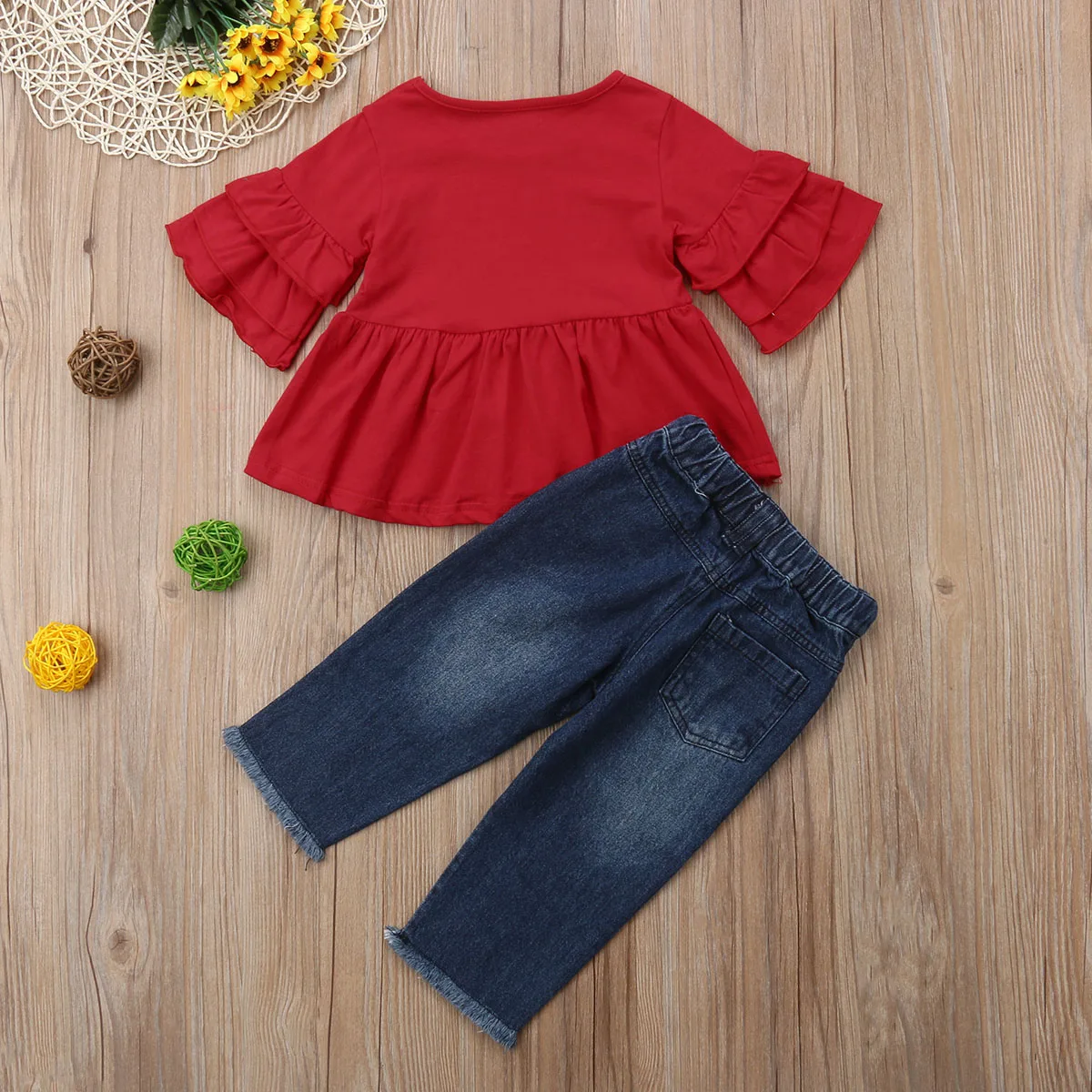Citgeett Nyfødte Barn Baby Pige T-shirt Rød Top+Denim Bukser Jeans Hul Rippet Denim Sommer Mode Tøj 2