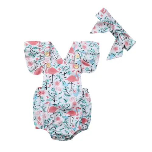 Pudcoco OS Lager 0-24M Nye Mode Nyfødte Baby Piger Flamingoer Romper Tegnefilm Firkantet Krave Hovedbøjle Sommer Tøj Tøj 2