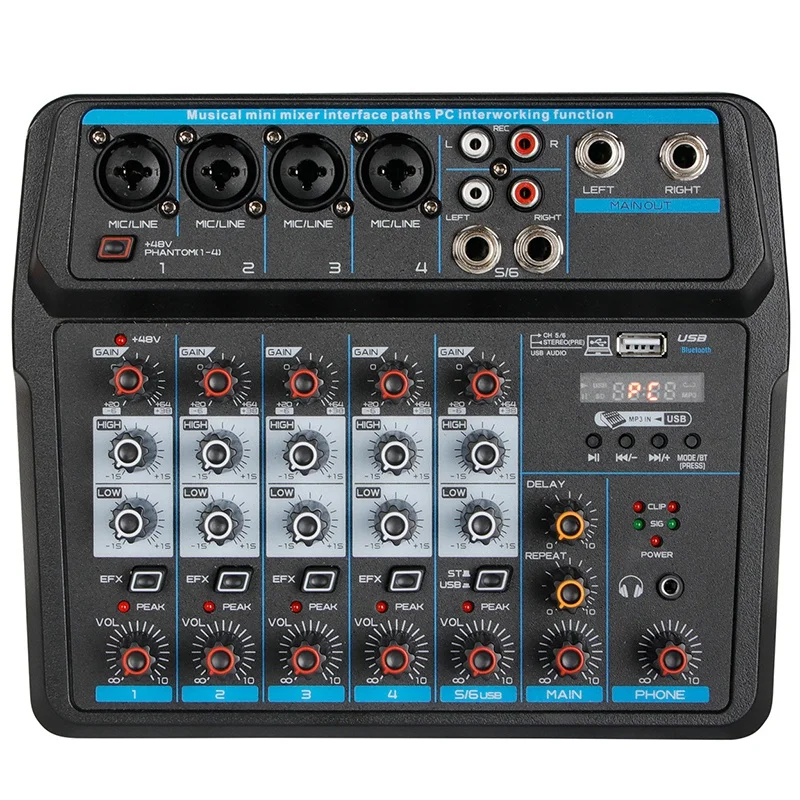 M-6 Bærbare Mini Mixer o DJ Console med lydkort, USB, 48V Phantom Power til PC Optagelse Sang Webcast Party(US-Stik) 2