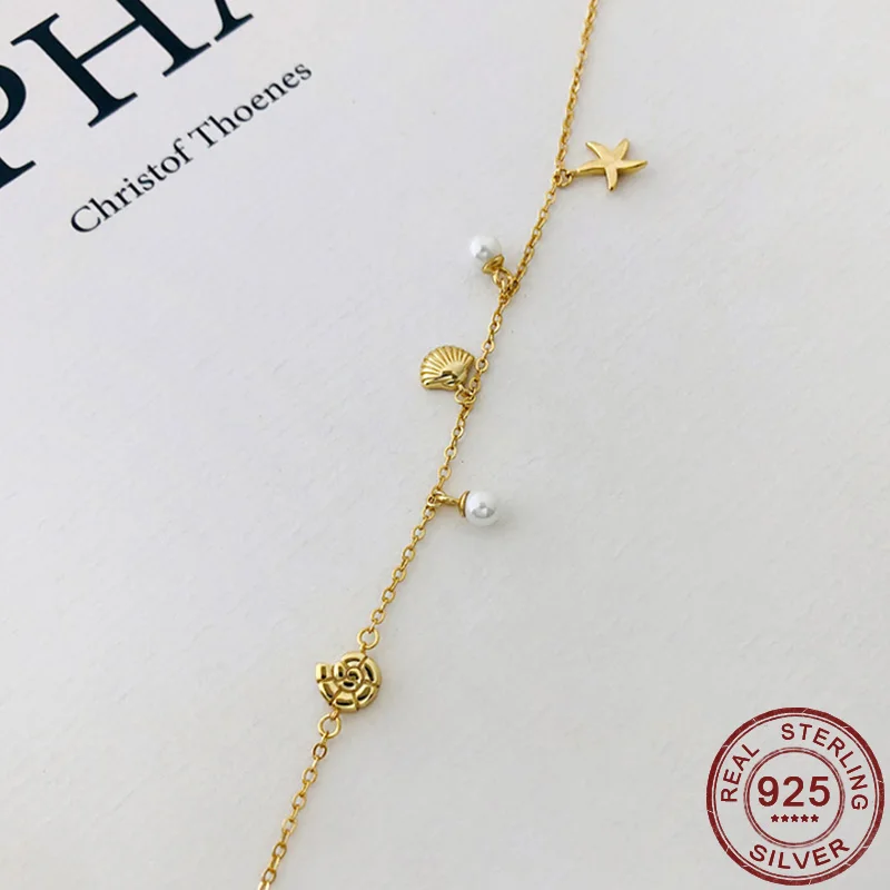 925 Sterling Sølv Shell Søstjerner Pearl Conch Ocean Element Charme Armbånd Hånd Smykker til Kvinder Guld Farve Tilbehør 2