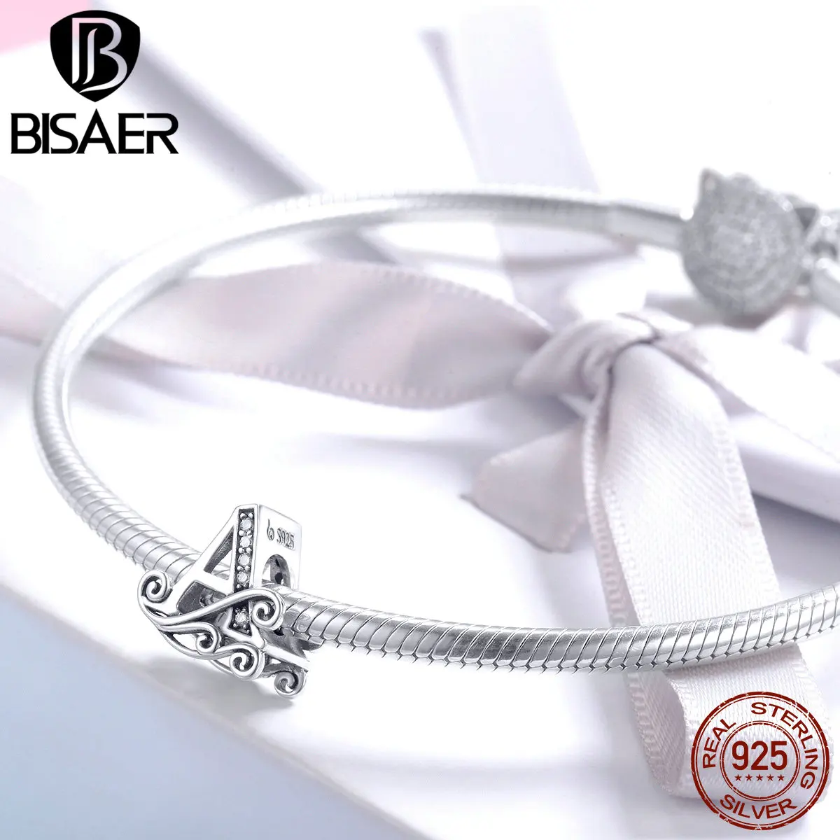 BISAER charms armbånd sølv 925 oprindelige Zircon Et Alfabet perler til smykkefremstilling Gave til Kvinder HVC030-EN 2
