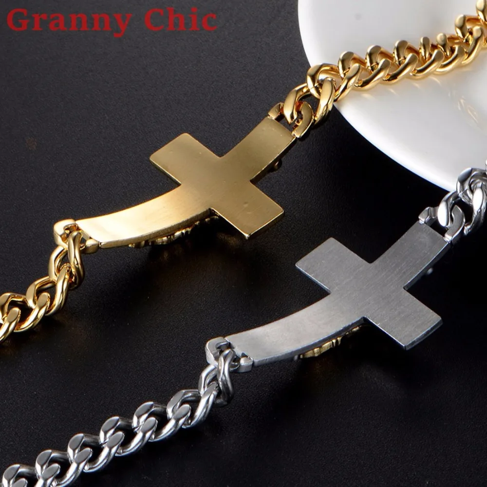 Granny Chic Mode Sølv Guld farve på tværs Jesus armbånd armbånd rustfrit stål herre dame Manchet armbånd bøn Hånd Kæde 2