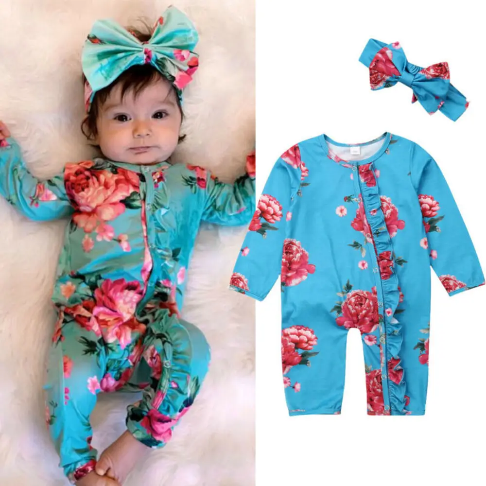 2stk Nyfødte Baby Pige Tøj med Lange Ærmer Blomster Romper Buksedragt Efterår Outfit 2