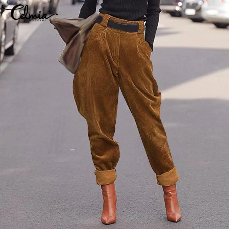 Kvinder Harem Bukser 2021 Mode Høj Talje Fløjlsbukser Bukser Celmia Vintage Elastisk Talje Bukser, Casual Løs Solid Plus Size Bukser 2