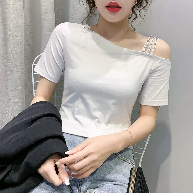 Sommer Fashion koreansk Tøj, T-shirt-Sexet Uregelmæssighed Hule Ud Diamanter Kvinder Toppe Ropa Mujer Kort Ærme t-Shirts 2020 T03502 2