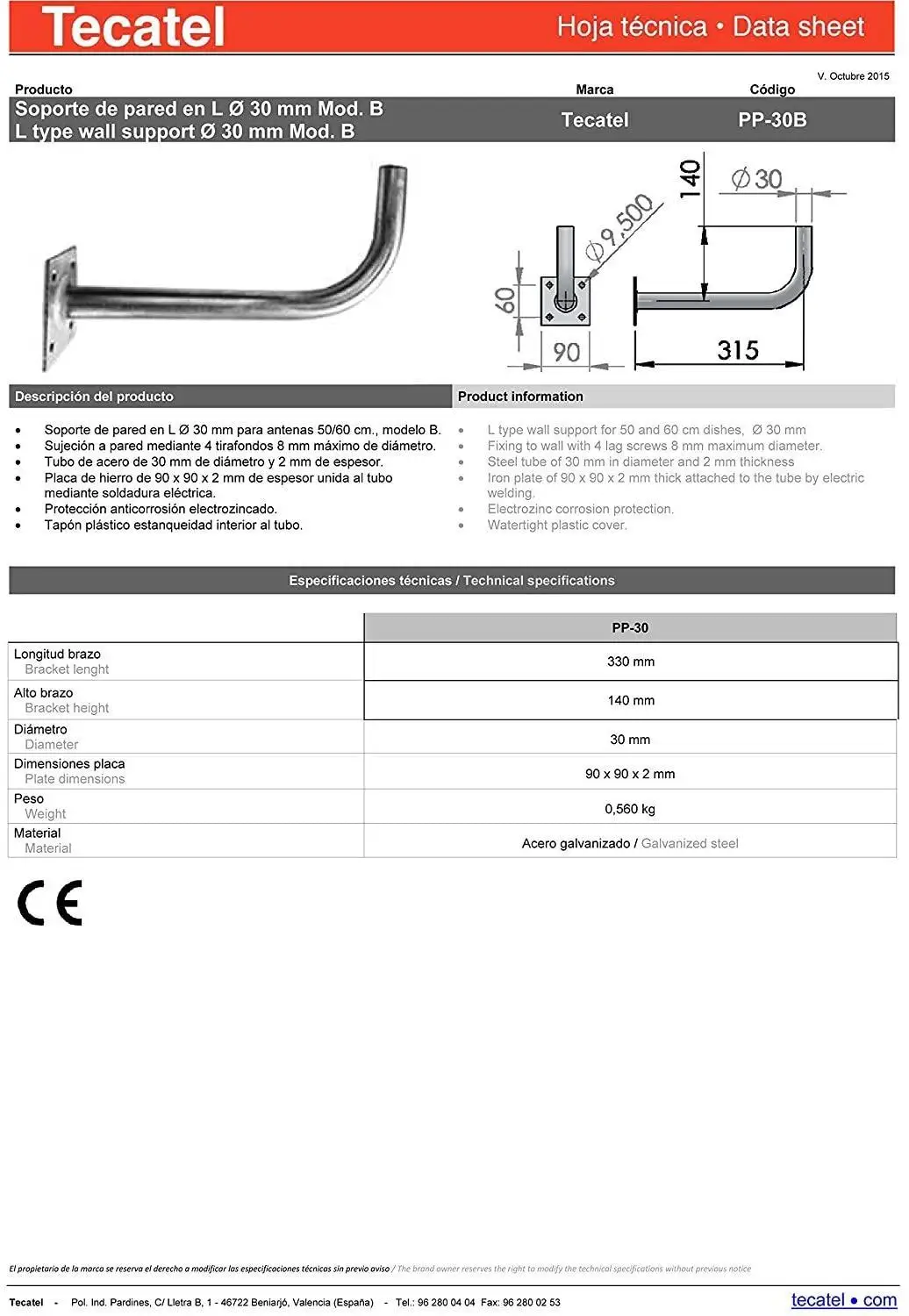Tecatel K60C2LS-parabolsk Kit 60 cm, Soporte og Universal LNB (K60C2LS) 2
