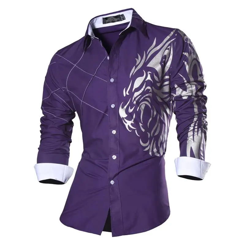 Jeansian Mænds Mode Kjole Casual Skjorter-Knappen Nede langærmet Slim-Fit Design Tatoveringer Lion Z030 Purple2 2