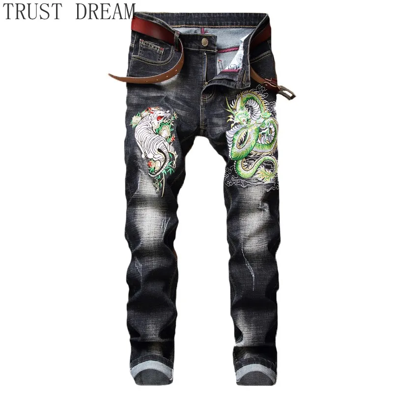 2019 Broderi Ny Mand Slim Jeans Med Stretch Vasket Indretning Dragon Tiger Japan Designet Mænd Streetwear Stil Club Mandlige Cool Bukser 2