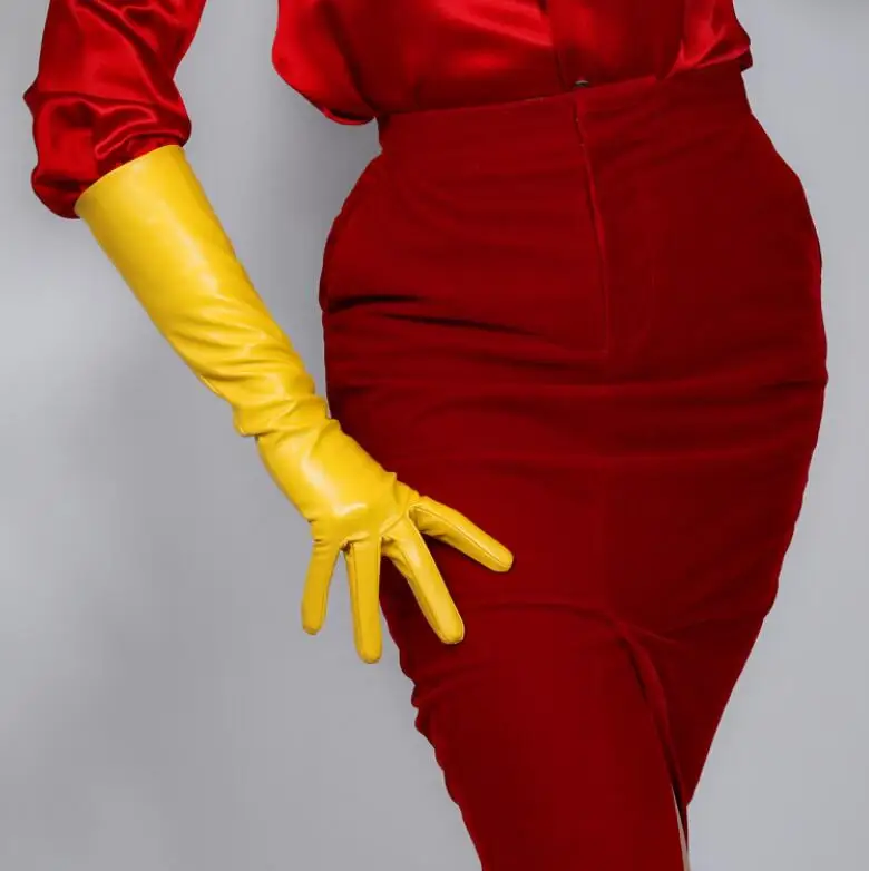 Kvinders mode gul farve sexet slank imiteret pu læder handske lady ' s club ydeevne formel part læder lang handske 60cm R2087 2