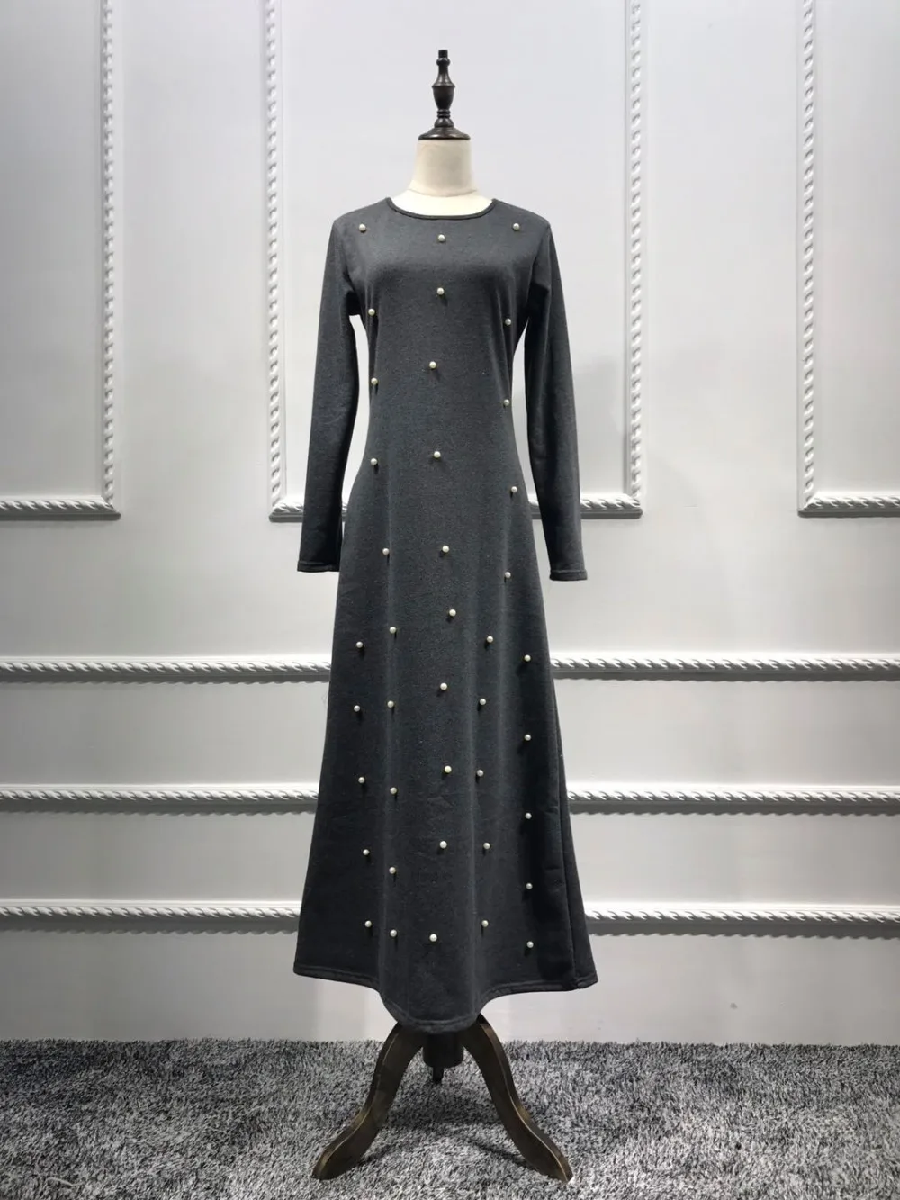 Casual Muslimske Bomuld Abaya Maxi Kjole Perlebesat Lang Kjole Kjoler Kimono Jubah Ramadan Arabisk Dubai Kaftan Islamiske Bøn Tøj 2