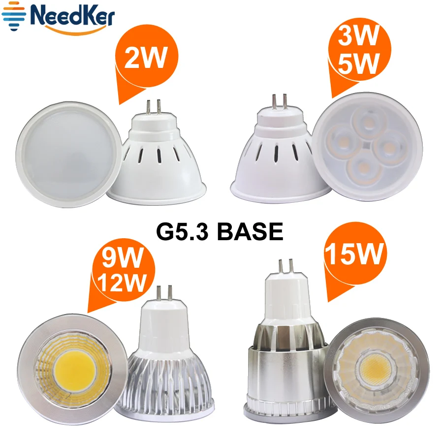NeedKer LED-Lampe GU10 G5.3 2W LED-Pære, 3W 5W 9W 12W 15W AC 110V 220V Lampada LED Kondensator Lys Cob Spotlight Energibesparelser 2