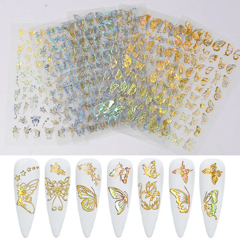 Tilbage Lim Nail Art Laser Guld Sølv Butterfly Nail Art Stickers Selvklæbende Skydere Decals Folier Wraps Dekorationer Manicure 2