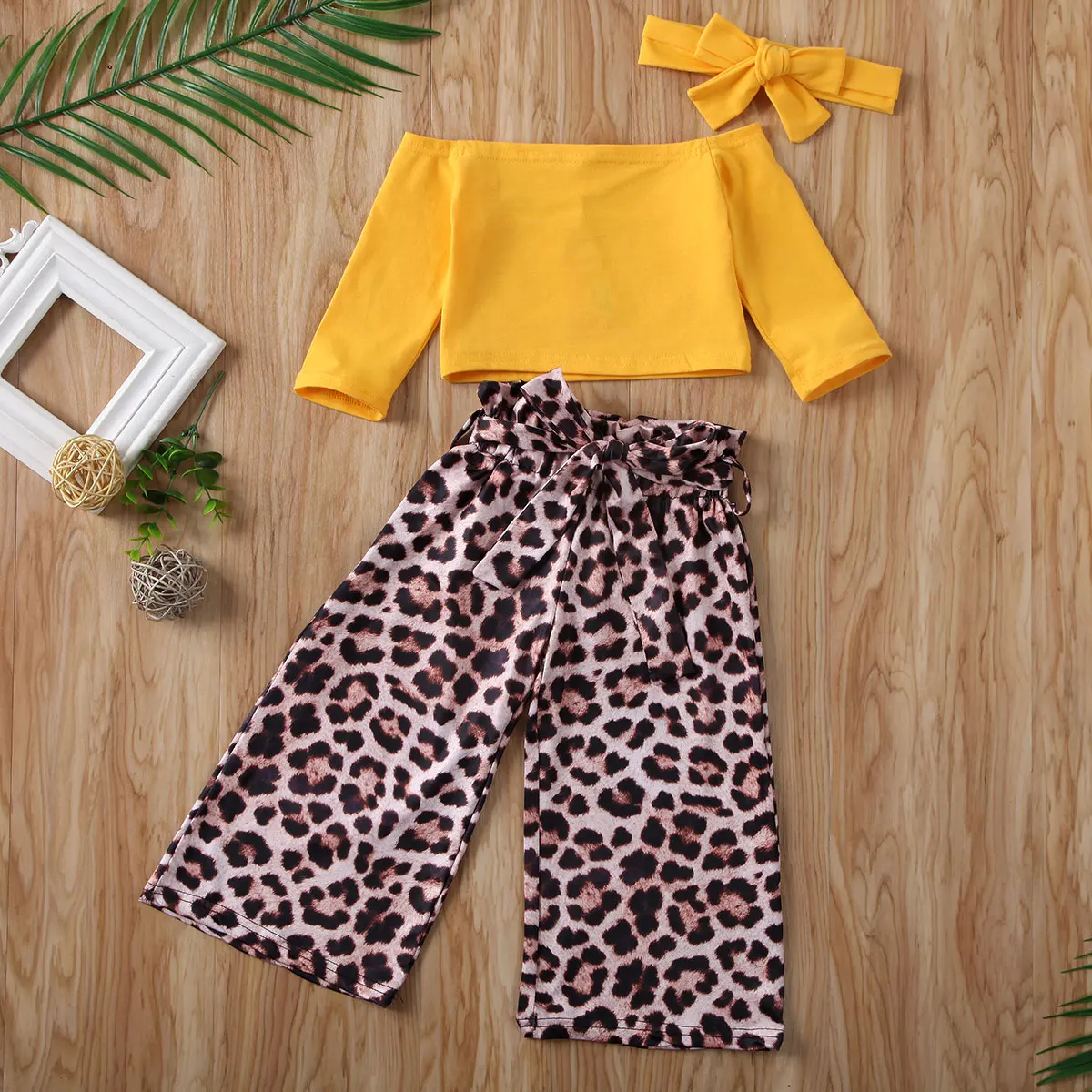 Pudcoco Toddler Baby Pige Tøj Solid Farve Off Skulder Crop Tops Leopard Print Lange Bukser Hovedbøjle 3stk Tøj Tøj 2